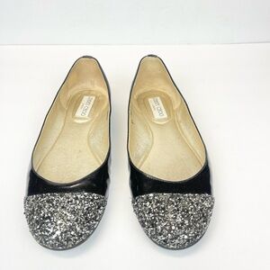 JIMMY CHOO London Whirl Black GLITTER CAP TOE BALLERINA FLATS Size 8.5 Euro 39